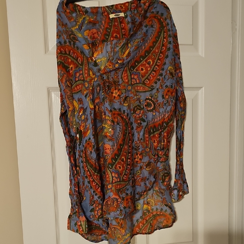 Paisley Button-Up Blouse in Blue and Orange